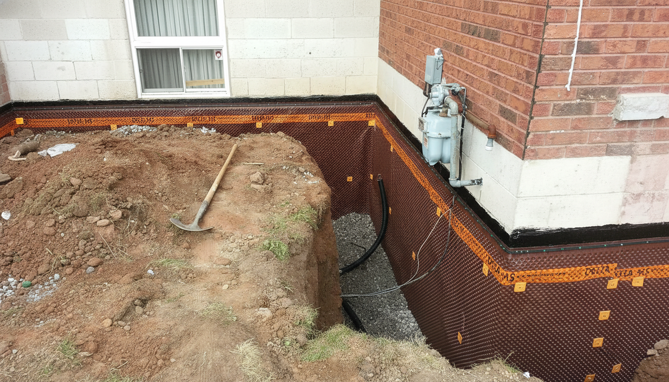 Damp basement wall with visible moisture and early mold growth along the base