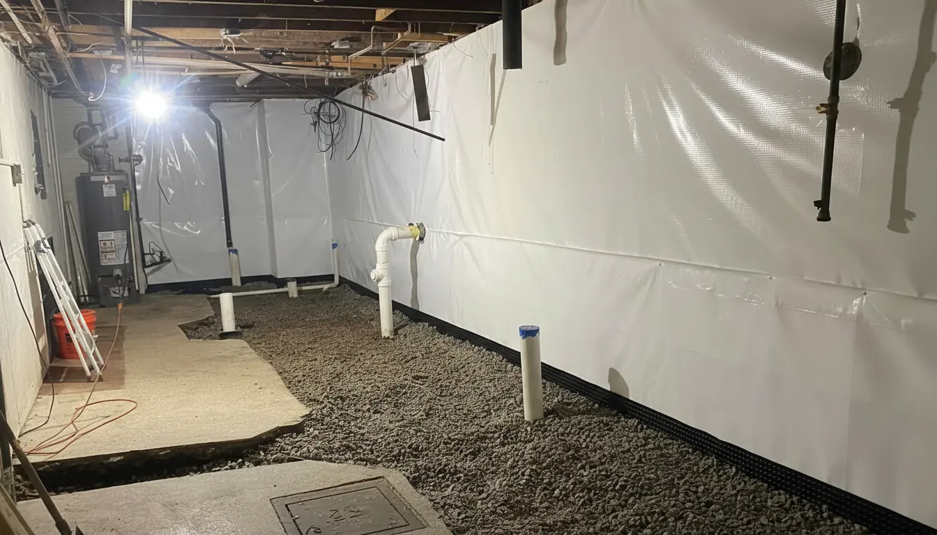 Interior basement waterproofing system with French drain channel and sump pump pit installed along foundation wall
