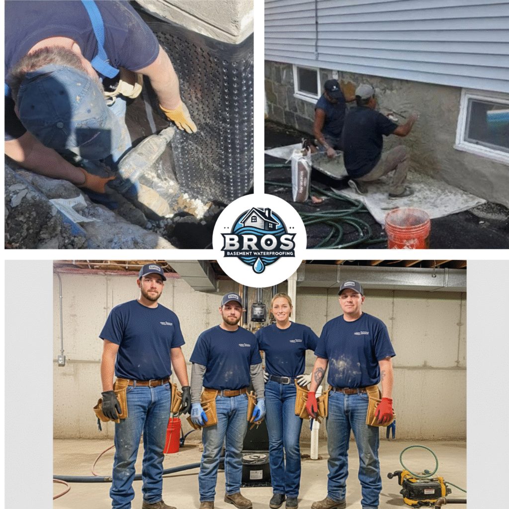 Bros Basement Waterproofing crew completing an interior waterproofing system installation in a residential basement