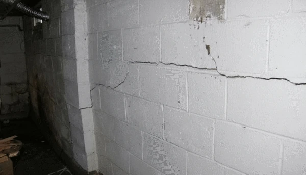 Vertical crack in a poured concrete basement wall with water seeping through