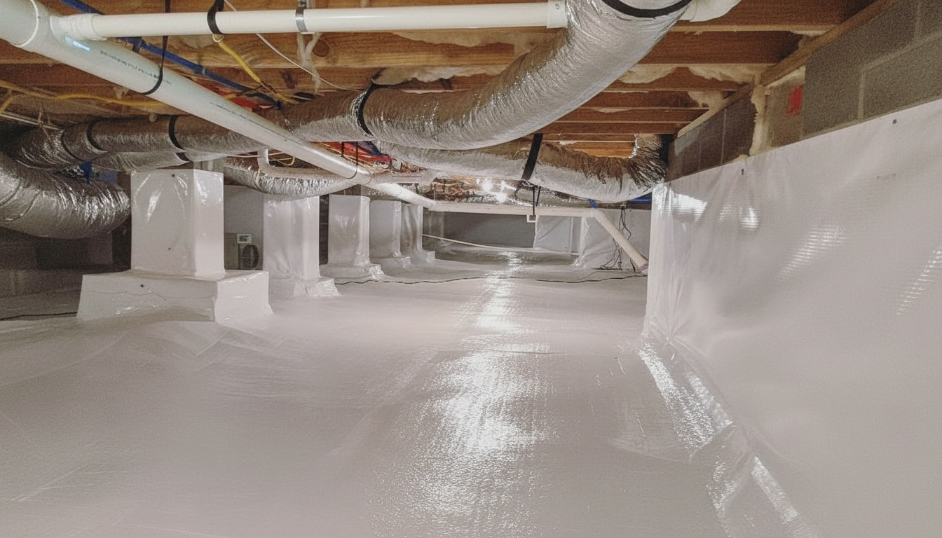 Completed crawl space encapsulation with sealed white vapor barrier covering floor and walls