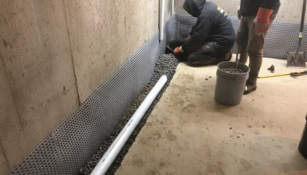 Interior french drain system installed along the perimeter of a basement floor with drainage gravel and perforated pipe