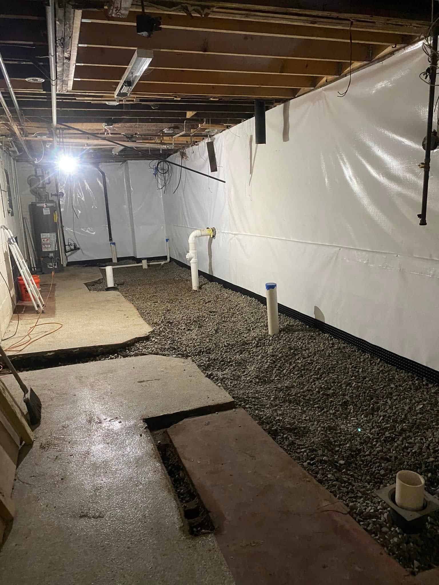 Interior basement waterproofing installation